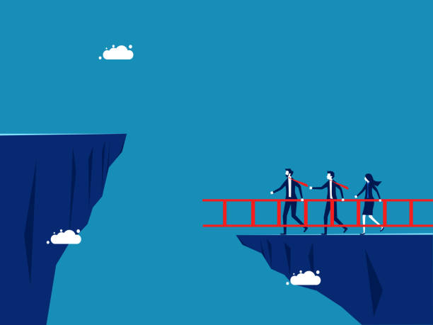 istock Business obstacles Business team crossing cliff with stairs. vector 1879061218