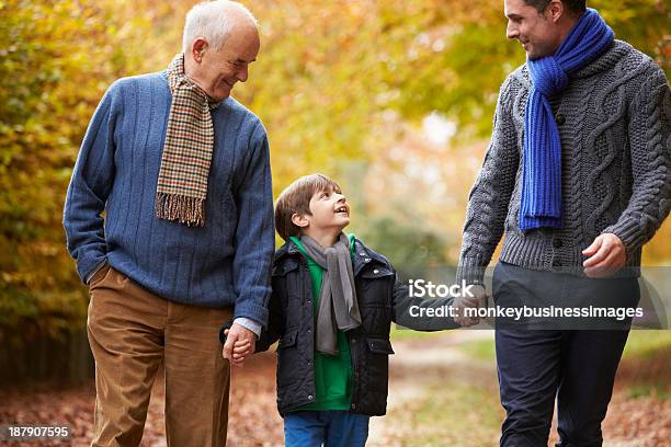 Photo libre de droit de Mâle Multl Génération Famille Marchant Le Long Chemin De Lautomne banque d'images et plus d'images libres de droit de 6-7 ans