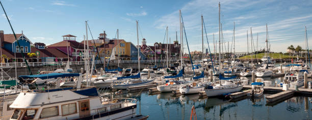 Panoramic view of Long Beach Shoreline Marina with Yachts docked, Southern California
