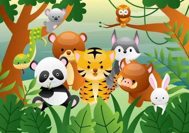 Vector illustration of cartoon animals in the jungle, flat style vector illustration