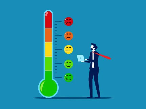 Vector illustration of Customer satisfaction. Businessman with thermometer measuring different levels of mood. vector