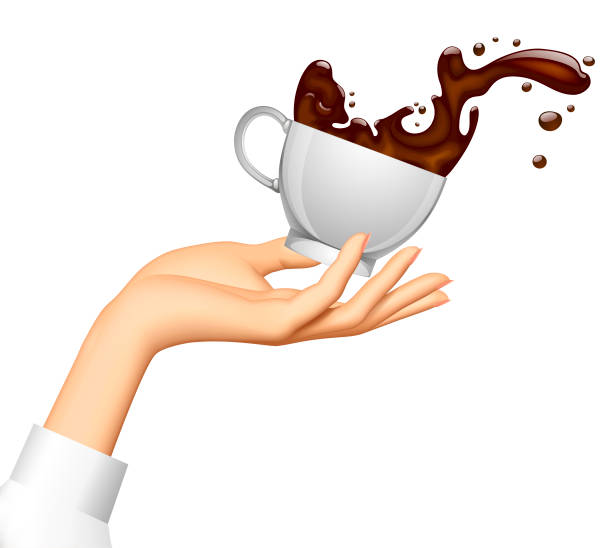 istock Female hand palm up and flying white cup with splashes of brown coffee isolated on white 1879093731