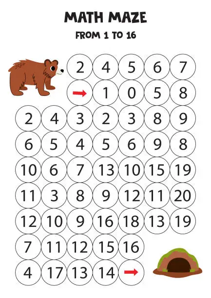 Vector illustration of Get cute bear to animal den by counting to 16.