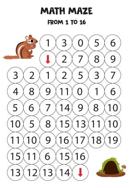 Vector illustration of Get cute bear to animal den by counting to 16.