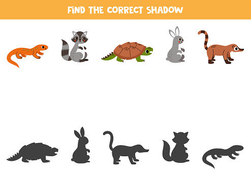 Find shadows of cute North American animals. Educational logical game for kids. Printable worksheet for preschoolers.