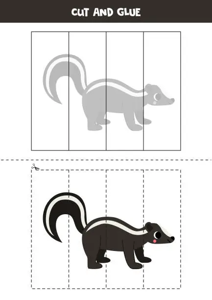 Vector illustration of Cut and glue game for kids. Cute cartoon black and white skunk.