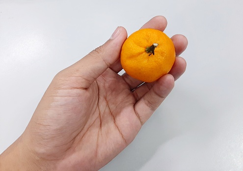 Hand holding a orange fruit on a white background