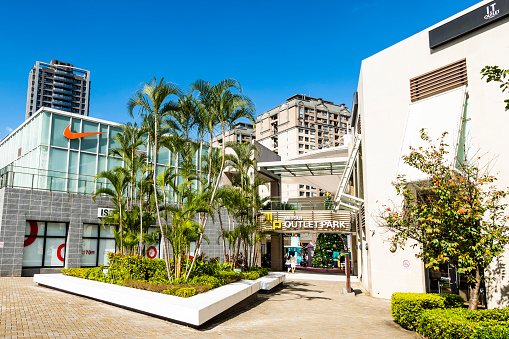 New Taipei City, Taiwan- November 21, 2023: Low-angle view of the Mitsui Outlet Park Linkou in New Taipei City, Taiwan. It is Mitsui Fudosan's third overseas base.