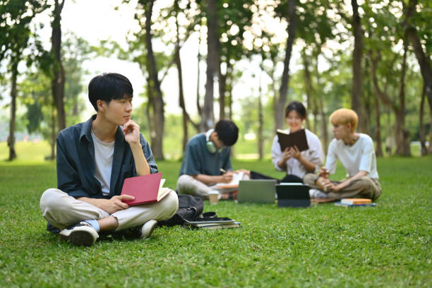 Portrait of university students and a group of friends doing group work on the grass Portrait of university students and a group of friends doing group work on the grass. secondary school activities stock pictures, royalty-free photos & images
