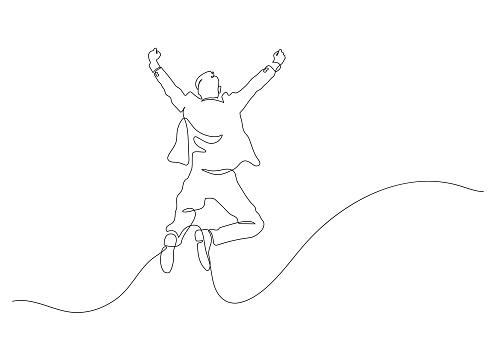 happy business man in mid air jumping successful and freedom concept continuous line drawing