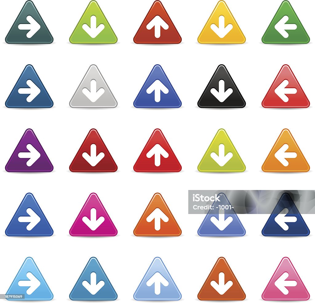 Arrow sign white pictogram satin triangle icon web iternet button 25 colored satin icon with white pictogram arrow sign. Green, brown, yellow, blue, gray, black, red, violet, orange, blue, pink, purple colors web internet button triangular shape with drop shadow on white background. Application Form stock vector