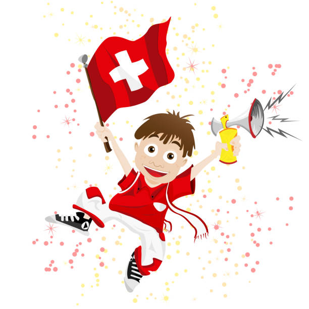 illustrazioni stock, clip art, cartoni animati e icone di tendenza di ragazzo fan di calcio svizzera - people in the background swiss culture swiss flag switzerland