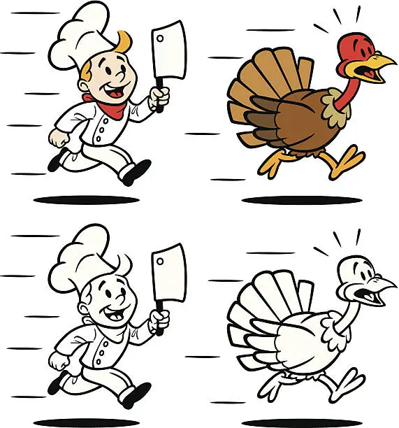 Vector illustration of Cook Chasing Turkey