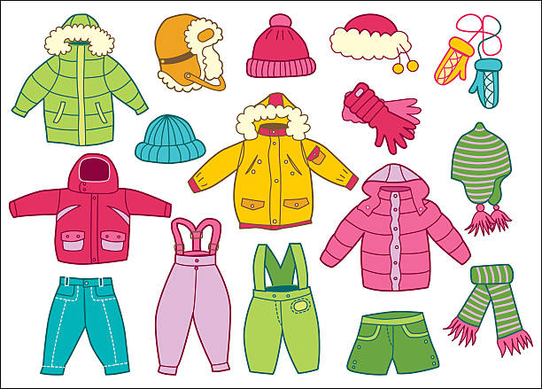 ilustrações de stock, clip art, desenhos animados e ícones de coleção de vestuário de inverno crianças - scarf hat green glove