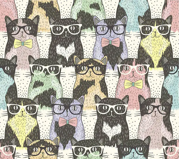 Vector illustration of Seamless pattern wit cute hipster cats for children