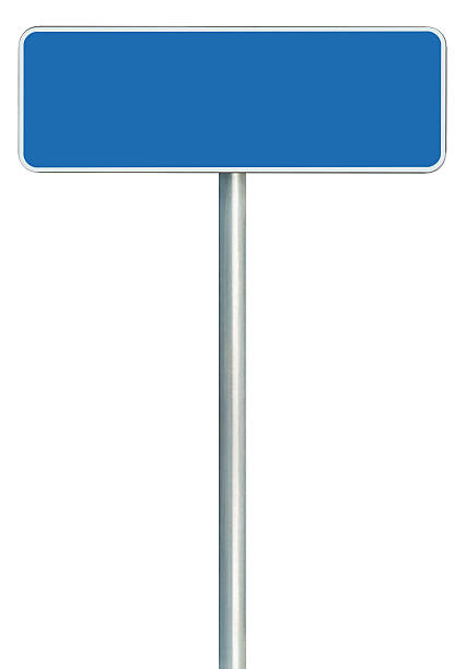 空の青色の道路標識絶縁、白いフレームに囲まれた道路脇の看板 - plate blue dishware white ストックフォトと画像
