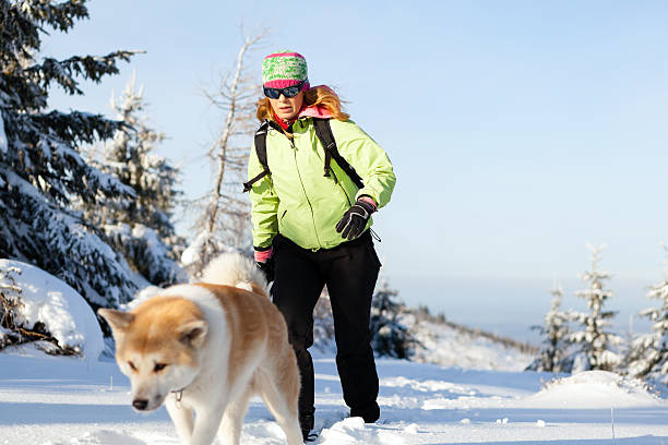 istock Woman winter hiking with dog 187920757