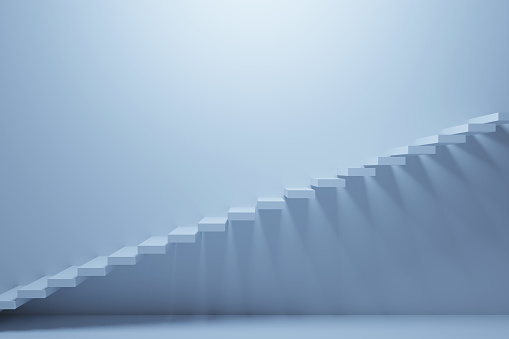 3D illustration blue  ascending staircase goes up in an empty  room. Business growth, progress and achievement creative concept