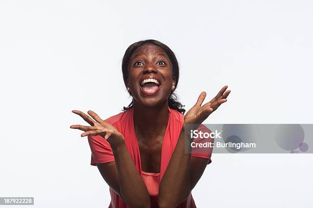 Africanamerican Woman Excited Looking Up Stock Photo - Download Image Now - Achievement, Adult, Adults Only