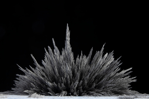 Iron filings arranged into spikes. Neodymium magnet. Isolated. Visualisation of magnetic field. Futuristic abstract look.