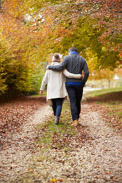 istock Rear View Of Couple Walking Along Autumn Path 187923775