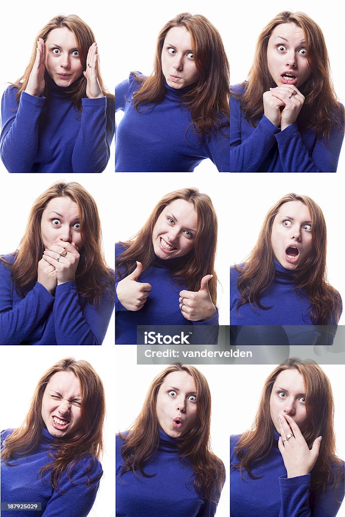 Girl In A Blue Sweater Pulling Faces Multiple images of a cute 19-year-old girl pulling faces. Multiple Image Stock Photo