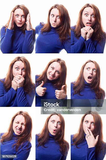 Girl In A Blue Sweater Pulling Faces Stock Photo - Download Image Now - Multiple Image, People, 18-19 Years