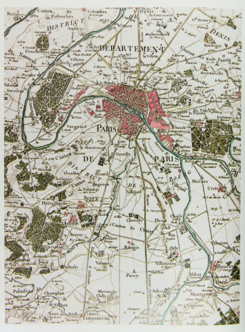 Historical map of Paris France, 1789. Photo from old reproduction
