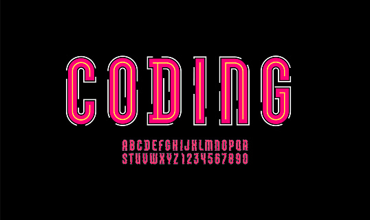 Coding font, trendy modern alphabet from contour cut out line , condensed letters from A to Z and numbers from 0 to 9, vector illustration 10EPS