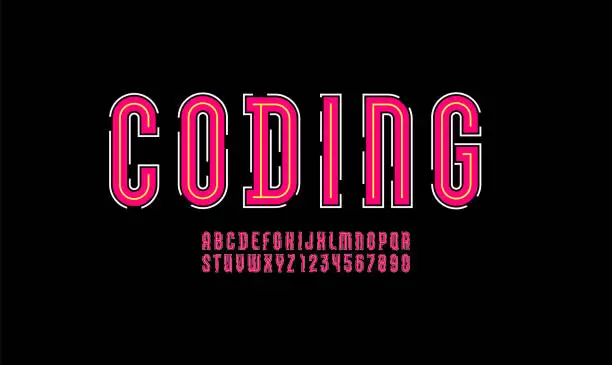 Vector illustration of Coding font, trendy modern alphabet from contour cut out line , condensed letters from A to Z and numbers from 0 to 9, vector illustration 10EPS