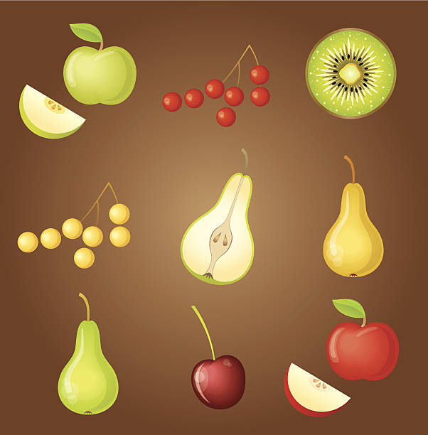 ilustraciones, imágenes clip art, dibujos animados e iconos de stock de conjunto de frutas - portion apple food pattern