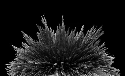Iron filings spikes. Visualisation. Texture of magnetic particles. Black and white futuristic background