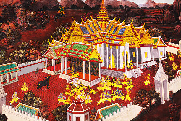 a história tailandesa - temple wat phra kaeo mural wall - fotografias e filmes do acervo