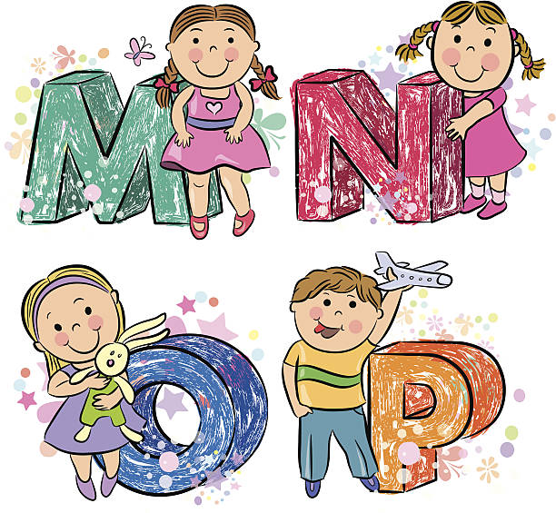 Funny alphabet with kids MNOP vector art illustration