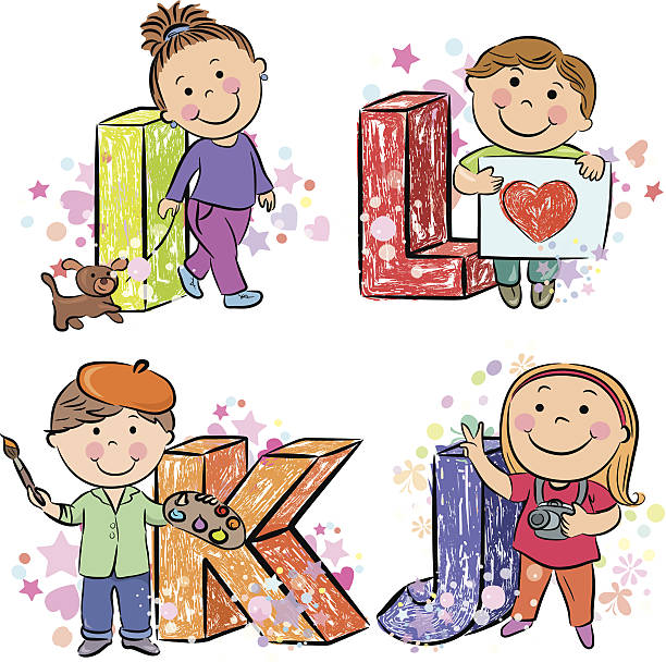 ilustraciones, imágenes clip art, dibujos animados e iconos de stock de alfabeto con los niños sea divertido ijkl - letter i love heart shape animal heart