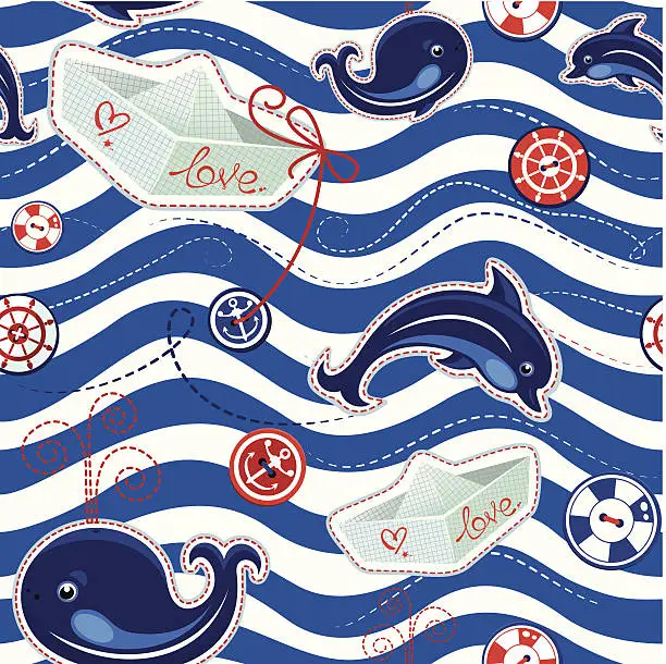Vector illustration of Seamless sea pattern with dolphins, whales, paper ships