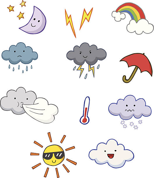 楽しいかわいい漫画の天気記号 - raining cats and dogs 英語の慣用句点のイラスト素材／クリップアート素材／マンガ素材／アイコン素材