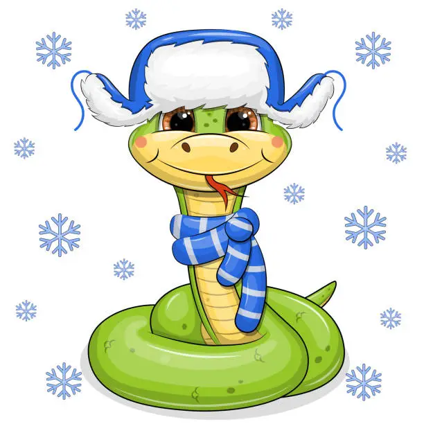 Vector illustration of Cute cartoon green snake in scarf and blue winter hat with ear flaps.