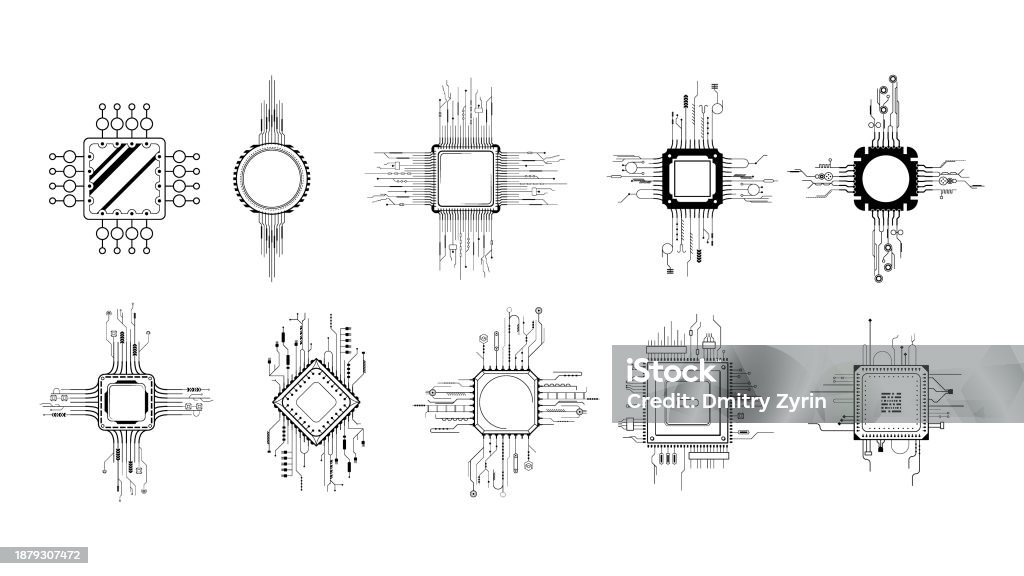 Fine Line Computer Design Set Abstract Collection Black Simple Line Cpu Computer Technology ...