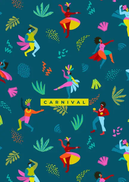 Vector illustration of Template with abstract men and women in bright costumes. Brazil carnival. Vector design for carnival concept and other