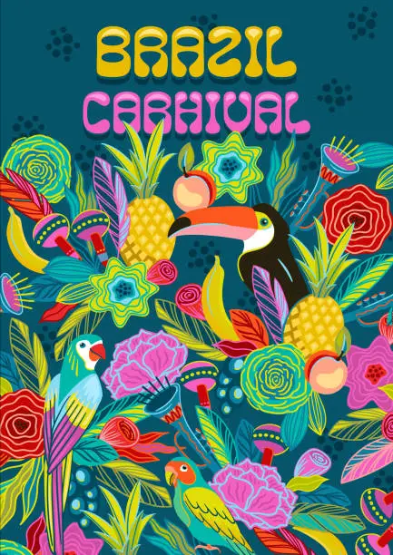 Vector illustration of Template with flowers, fruits, birds, musical instruments. Brazil carnival. Vector design for carnival concept and other