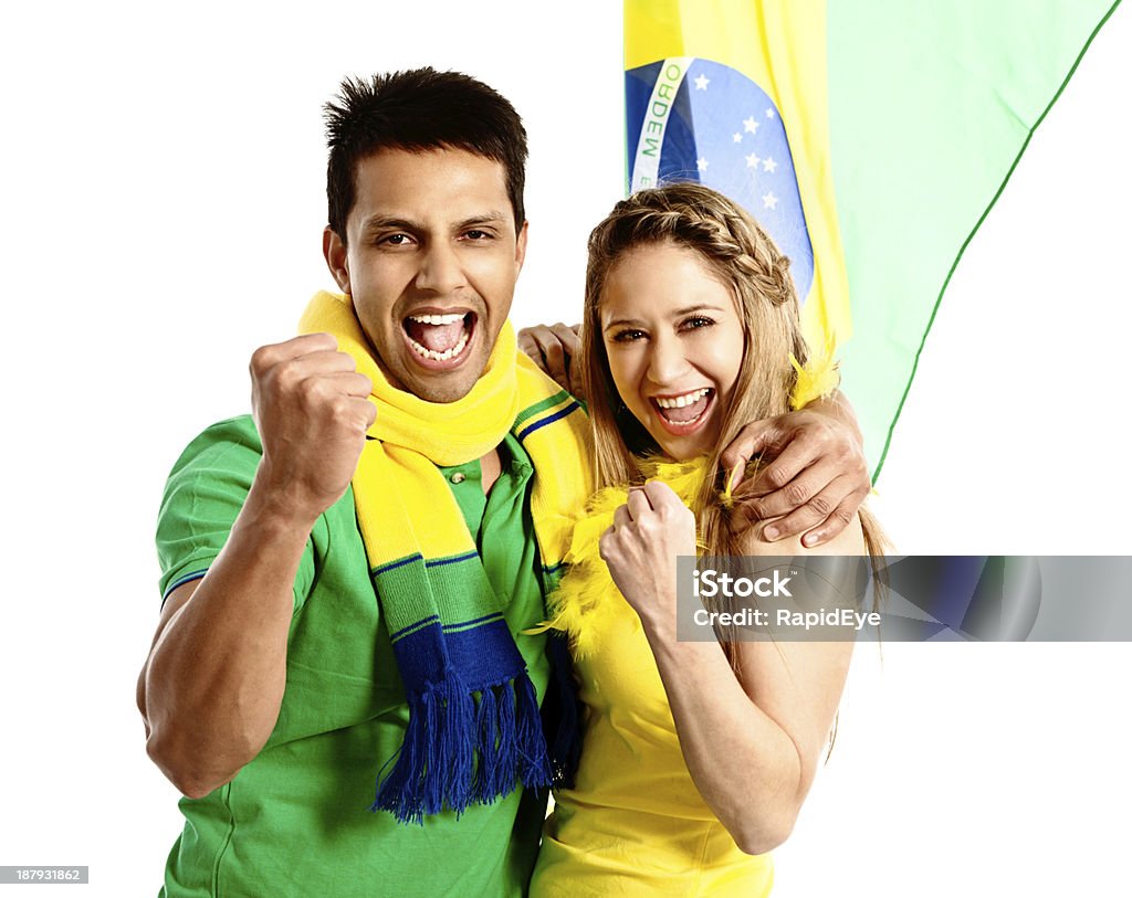 ブラジルサッカーファンのカップルの色を応援する - サッカー国際大会のロイヤリティフリーストックフォト