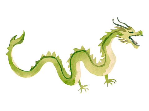 Illustration of a green oriental dragon with watercolour touch.