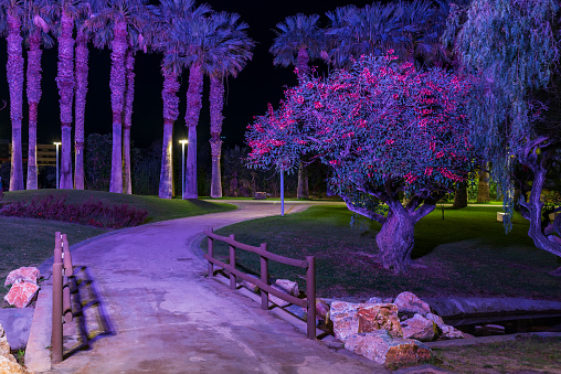 Path and small artificial river in the Parque de los Pueblos de America in Motril, Granada.