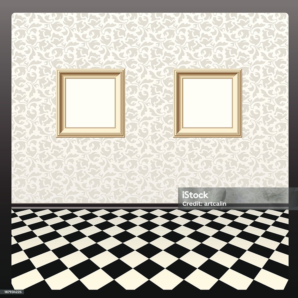 empty frames, room interior Vector empty vintage frames on wall, room  interior with checkered pattern floor. Abstract stock vector