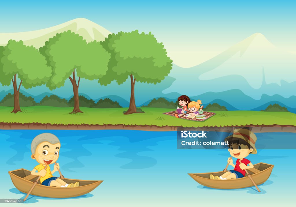 Kids and boat Kids and boat in a beautiful nature Adult stock vector