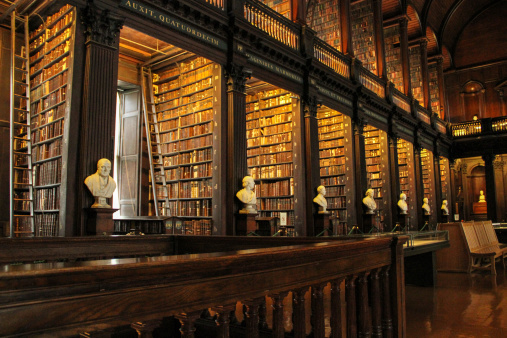 University library, books and empty room interior with stairs or steps in college campus. Learning, education scholarship and book shelves in a vintage school for studying, knowledge and research.