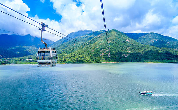 Cable cars crossing the river with boat sailing beneath stock photo