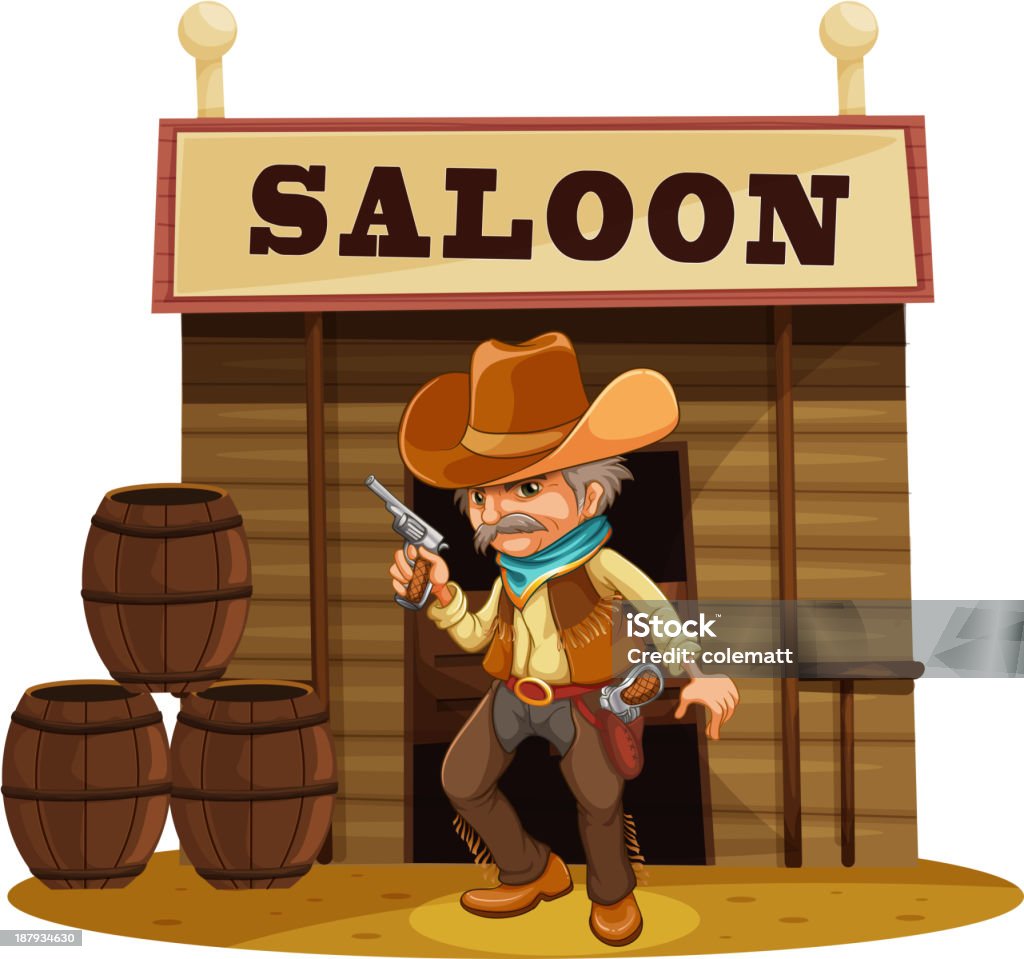 Mężczyzna Trzymając pistolet w przód saloon barów - Grafika wektorowa royalty-free (Amunicja)