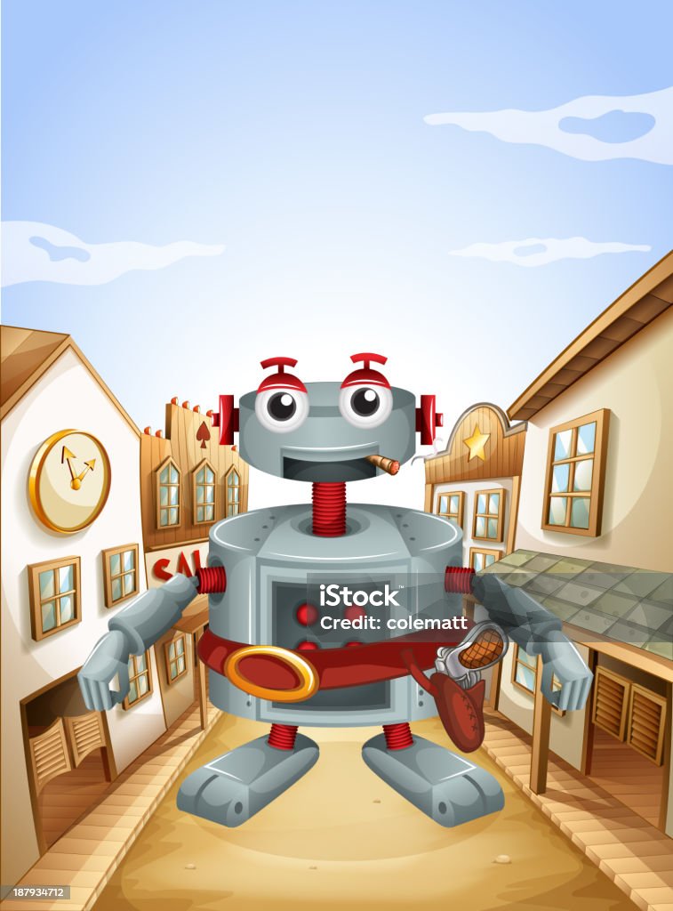 Village com um robô - Vetor de Aldeia royalty-free